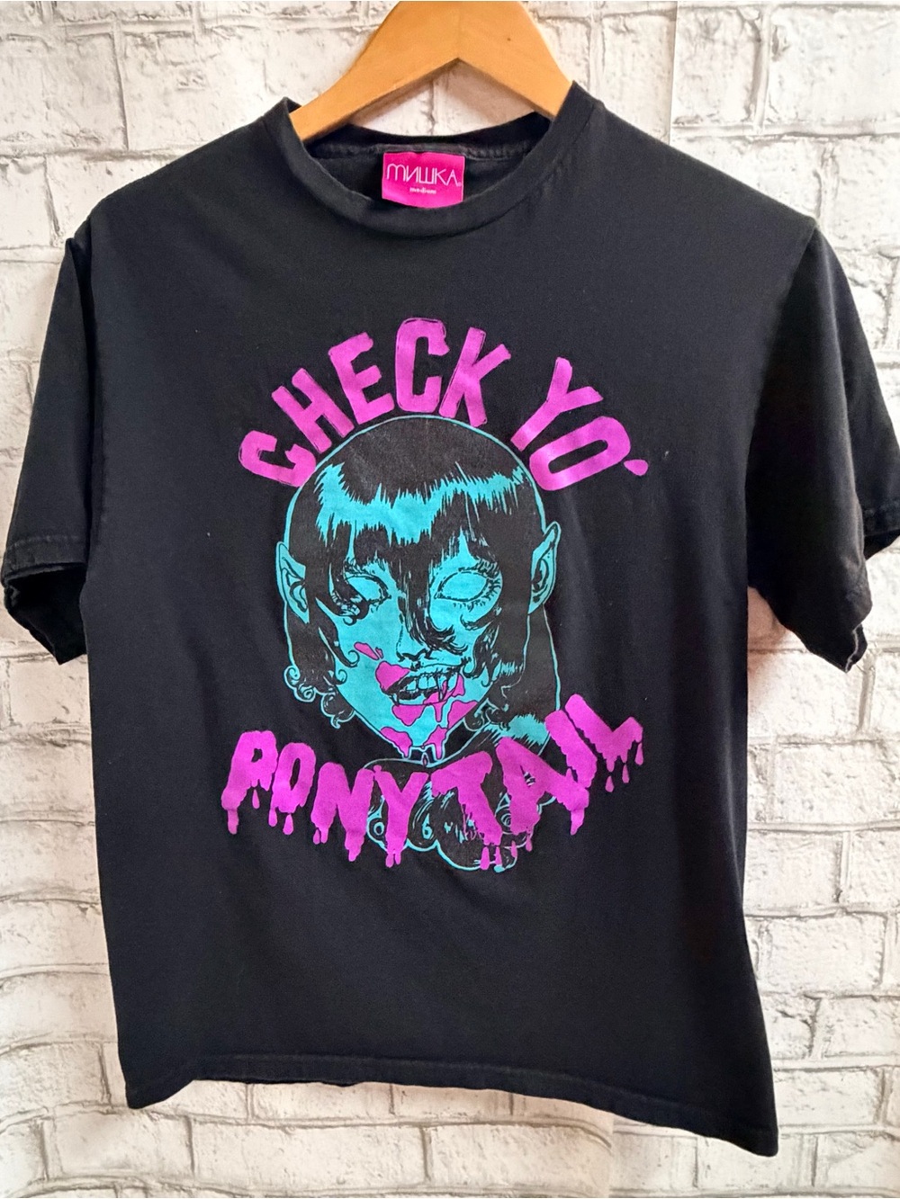 Check Yo’ Ponytail Graphic Tee - Black with Pink & Teal Print